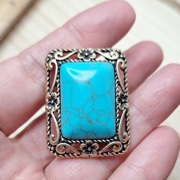Turquoise and Gold Ring Rectamgle Chunky Large Ring Floral Frame - Picture 1 of 5